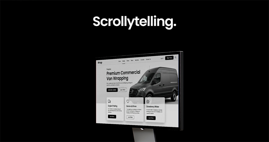 Monitor met een website erop afgebeeld met het woord scrollytelling erboven