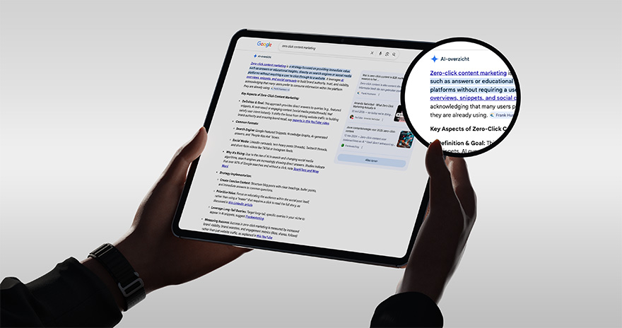 Afbeelding van een Ipad die inzoomt op AI Overview