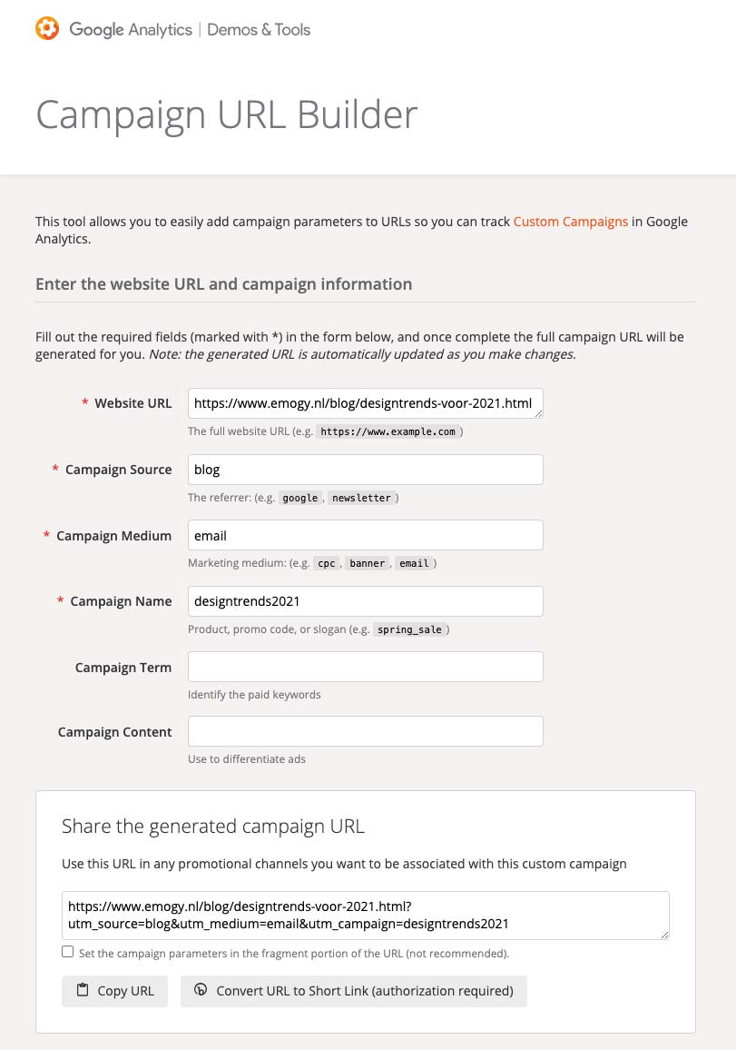 Google Campaign URL builder voorbeeld