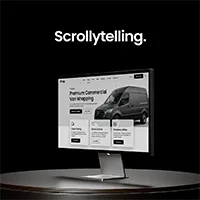 Monitor met een website erop afgebeeld met het woord scrollytelling erboven