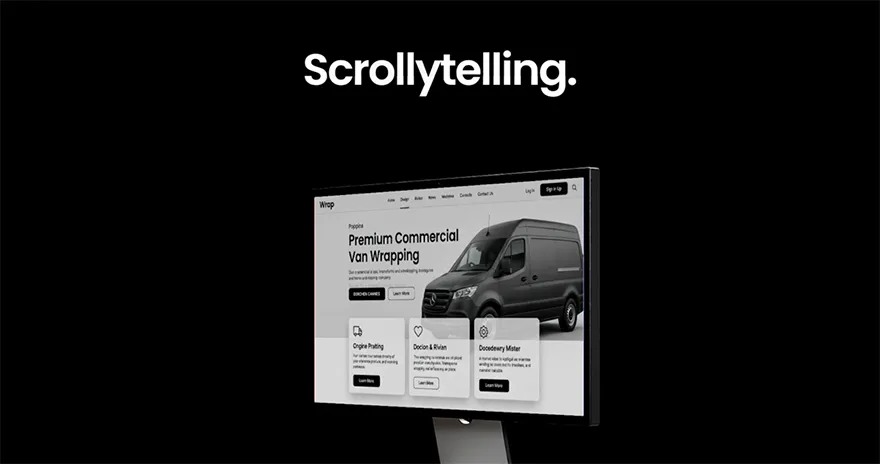 Monitor met een website erop afgebeeld met het woord scrollytelling erboven