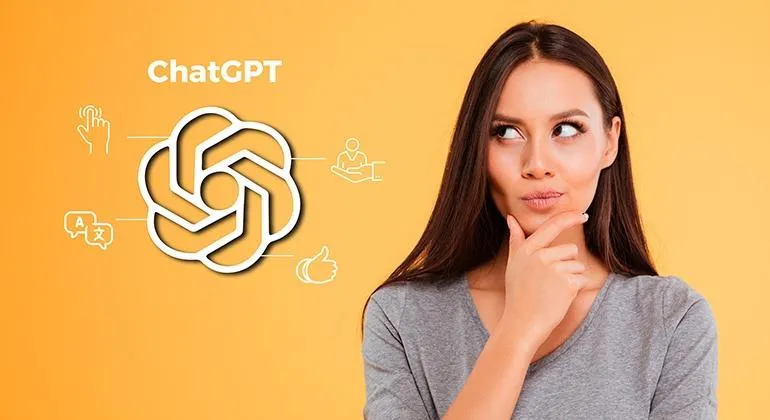 Een denkende vrouw met een gele achtergrond naast het logo van ChatGPT