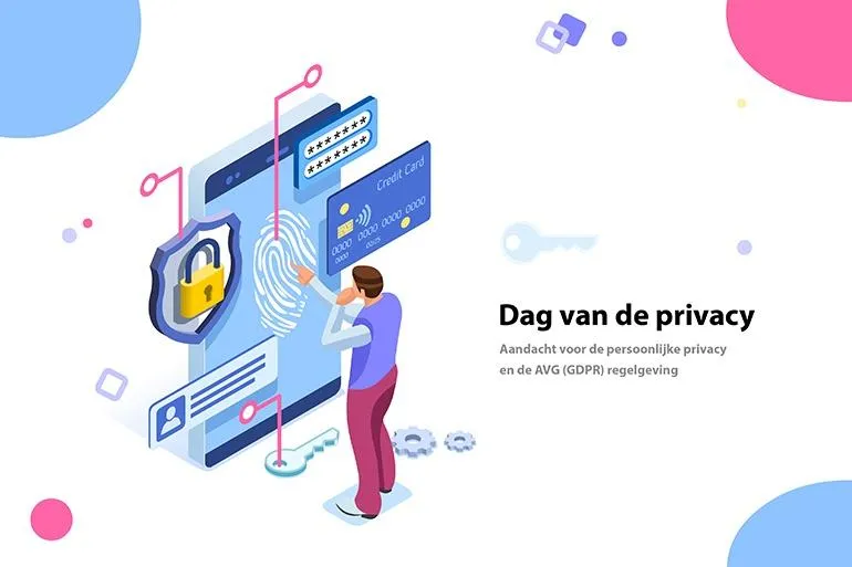 Dag van de privacy met ernaast een man die naar virtuele schermen kijkt 
